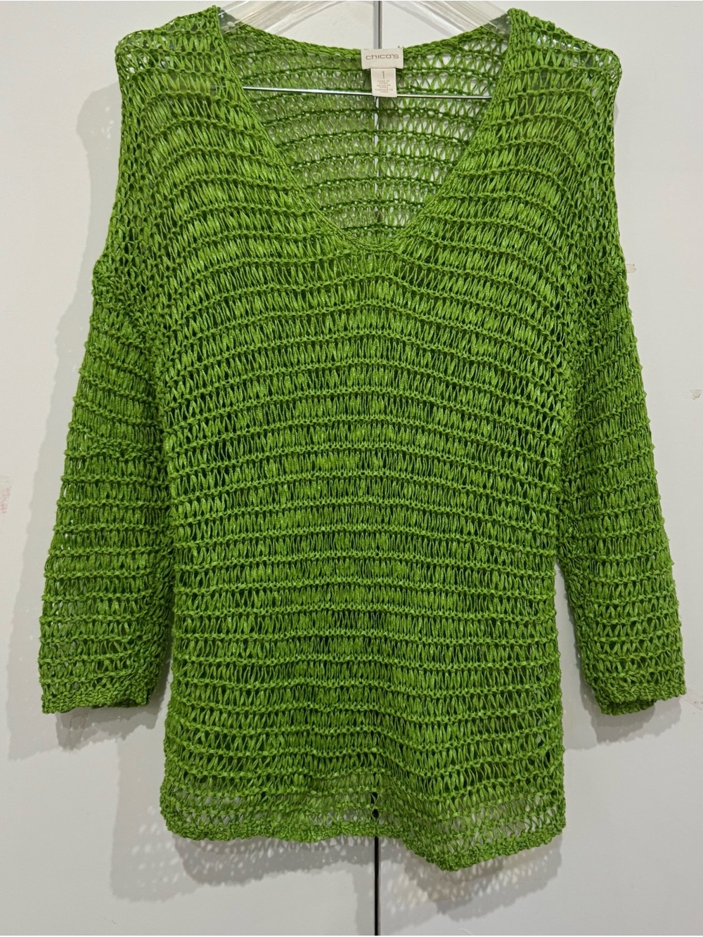 Chico's Rich Lime Green Open Knit V-Neck Sweater Size 1 Cotton Polyester